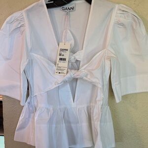 Ganni White Tie-Front Blouse